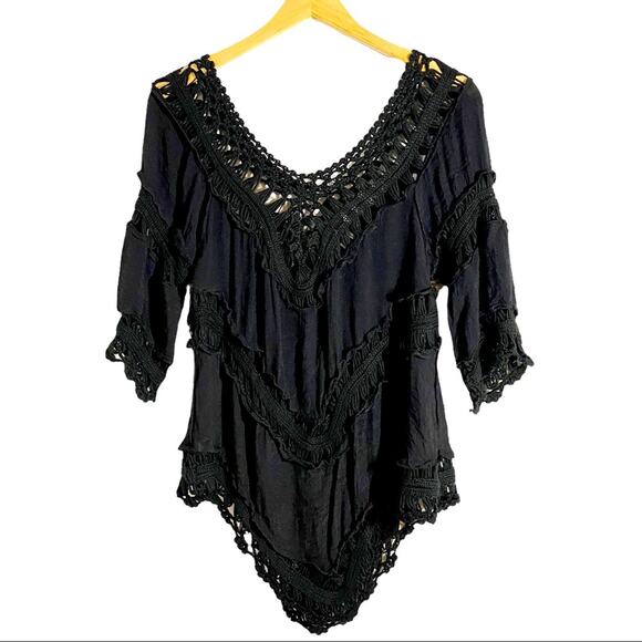 Vivid Importers Of New York Black Lace/Crochet Open Weave Boho Tunic/Coverup, SM - Picture 2 of 10